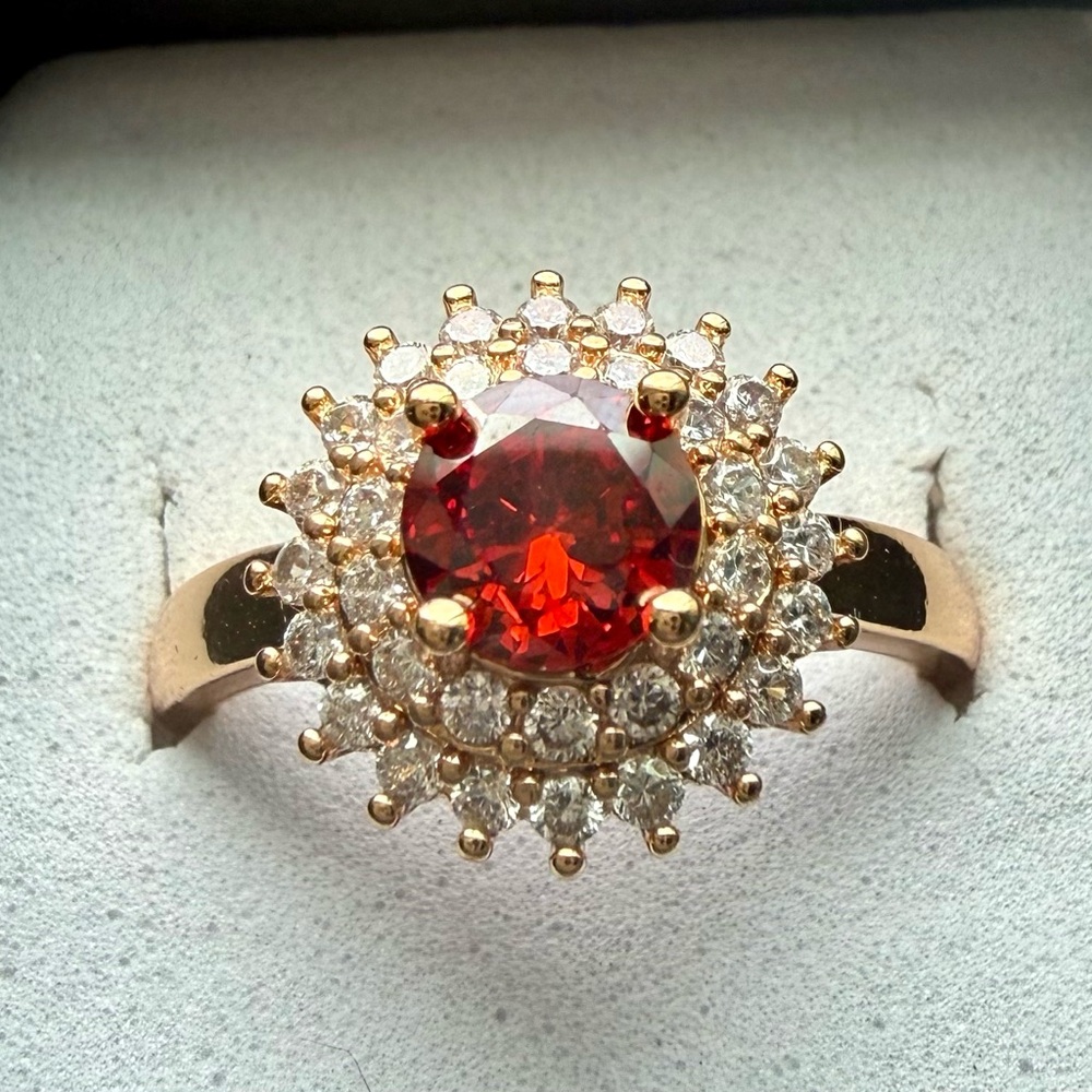 NEW! Pretty Bird Jewelry Gold plated Ring w/Red Center Stone & Halo of CZ Stones